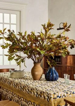 Forest Harvest Tablecloth In Blue And Mustard - 128" X 71"
