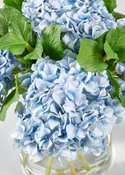 Faux Hydrangea Arrangement In Glass Vase - 12" -Afloral Sales Store Artificial Flower Arrangement of Blue Hydrangeas in Glass Vase