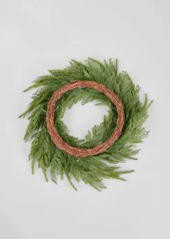 UV Treated Indoor/Outdoor Faux Cedar Wreath - 24" 5 UV Treated Indoor/Outdoor Faux Cedar Wreath - 24" -Afloral Sales Store Back of Artificial UV Treated Outdoor Cedar Winter Wreath
