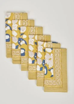Set Of 6 Forest Harvest Napkins In Blue And Mustard