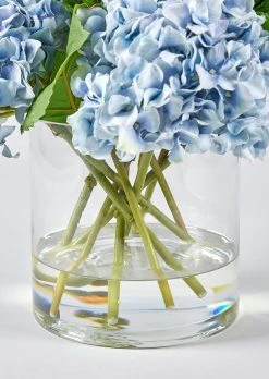 Faux Hydrangea Arrangement In Glass Vase - 12" -Afloral Sales Store Close Up of Acrylic Water in Blue Hydrangea Arrangement