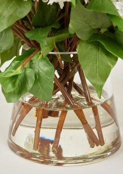 Faux Lilac Flower Arrangement In Glass Vase - 16" -Afloral Sales Store Closeup View of Glass Vase and Acrylic Water in Faux White Lilac Arrangement