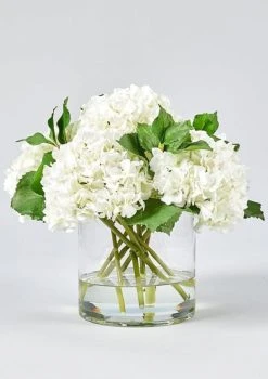 Faux White Hydrangea Arrangement In Glass Vase - 12"
