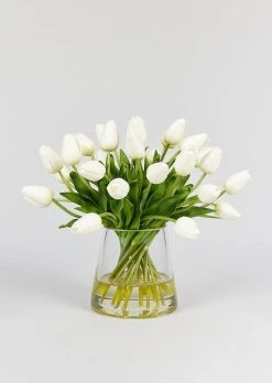 Faux Tulip Arrangement In Glass Vase - 12"