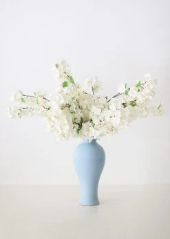 Ceramic Blue Tall Glossy Vase - 16" -Afloral Sales Store WhiteSilkCherryBlossomsinBlueGlossyVase