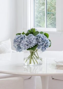 Faux Hydrangea Arrangement In Glass Vase - 12"